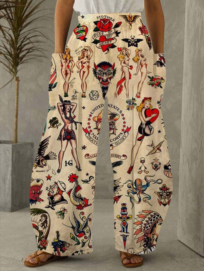 Vintage Sailor Tattoo  Print Pants