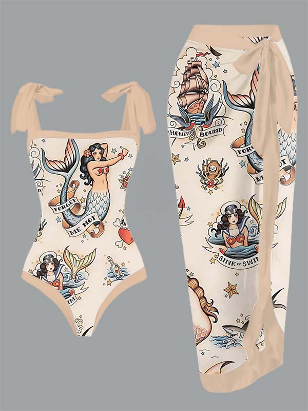 Vintage Mermaids Print One Piece Swimsuit And Cover Up