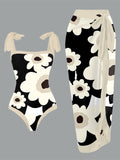 Flower Print One Piece Swimsuit And Cover Up