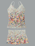 Women’s V-neck Vintage Floral Print Suspender Skirt Tankini Set Swimsuit