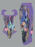 Vintage Flower Print One Piece Swimsuit And Cover Up