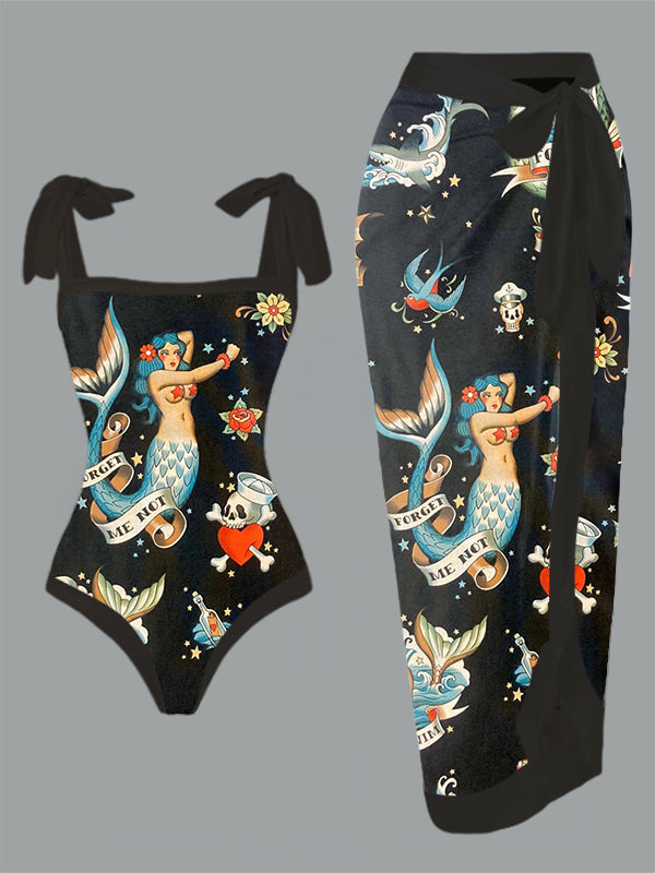 Vintage Mermaids Print One Piece Swimsuit And Cover Up