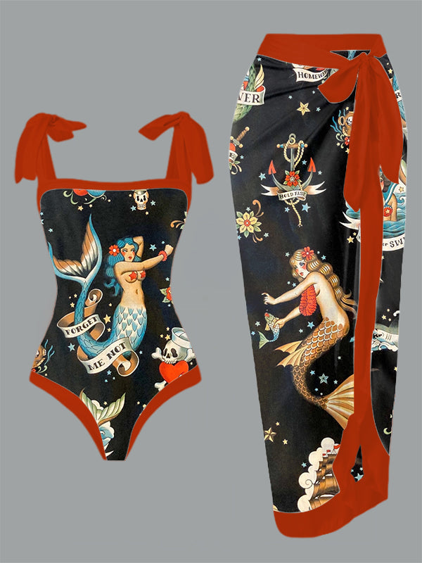 Vintage Mermaids Print One Piece Swimsuit And Cover Up