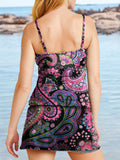 V-Neck Paisley Cashew Flowers Print Vest Pleated Tankini Set Swimsuit