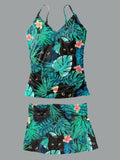 Women’s V-neck Vintage Black Cat Print Suspender Skirt Tankini Set Swimsuit