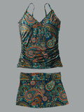 Women’s V-neck Paisley Cashew Flowers Print Suspender Skirt Tankini Set Swimsuit