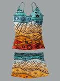 Women’s V-neck Vintage Tribal Print Suspender Skirt Tankini Set Swimsuit