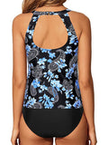 Women’s Cashew Flowers Print Round Neck Cutout Backless Tankini Set Swimsuit