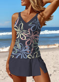 V-Neck Line Flowers Print Patchwork Pantskirt Tankini Swimsuit Set