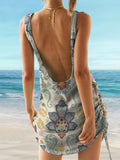 Paisley Flowers Retro Ethnic Print Knitted Halter Straps Backless Tie Skirt Cover Up