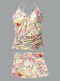 V-Neck Color Block Rose Print Vest Pleated Tankini Set Swimsuit