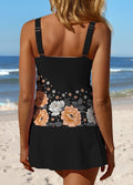 V-Neck Flowers Art Print Side Slit Patchwork Tankini Pantskirt Set Swimsuit