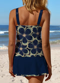 V-Neck Flowers Print Side Slit Patchwork Tankini Pantskirt Set Swimsuit