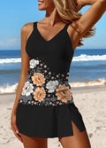 V-Neck Flowers Art Print Side Slit Patchwork Tankini Pantskirt Set Swimsuit