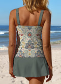 V-Neck Paisley Flowers Retro Ethnic Print Side Slit Patchwork Tankini Pantskirt Set Swimsuit