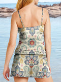 V-Neck Paisley Flowers Retro Ethnic Print Suspender Skirt Tankini Pantskirt Set Swimsuit