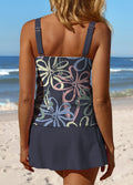 V-Neck Line Flowers Print Patchwork Pantskirt Tankini Swimsuit Set