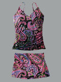 V-Neck Paisley Cashew Flowers Print Vest Pleated Tankini Set Swimsuit