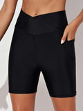 Women's Solid Color Criss-cross High-waisted Pocket Swim Trunks Swimming Pants Swimsuit