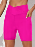 Women's Solid Color Criss-cross High-waisted Pocket Swim Trunks Swimming Pants Swimsuit