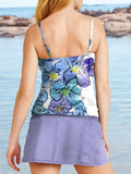 V-neck Faint Gradient Large Floral Print Slip Dress Tankini Long Skirt Suit Swimsuit