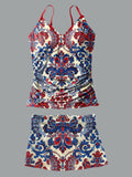 V-Neck Plant Print Sling Pleated Tankini Set Swimsuit